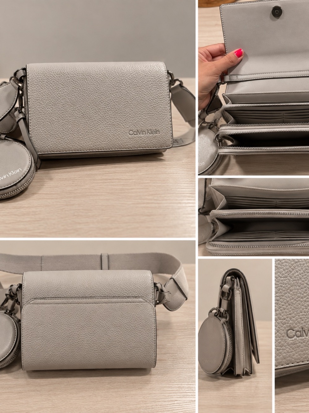 Calvin Klein Pebbled Light Gray Crossbody Wallet Bag with Coin Pouch